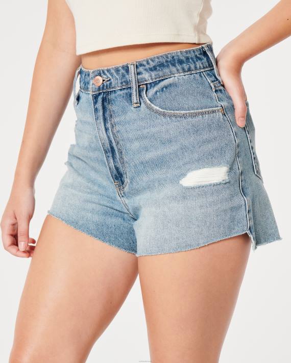 Hollister Kvinder buede, ultrahøje, distressed medium vask denim mom shorts 2H8Z640 bunde medium rippet vask