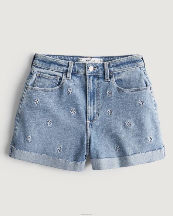 Hollister Kvinder buede, ultrahøje lette vask broderede denim mom-shorts 2H8Z558 bunde let medium vask