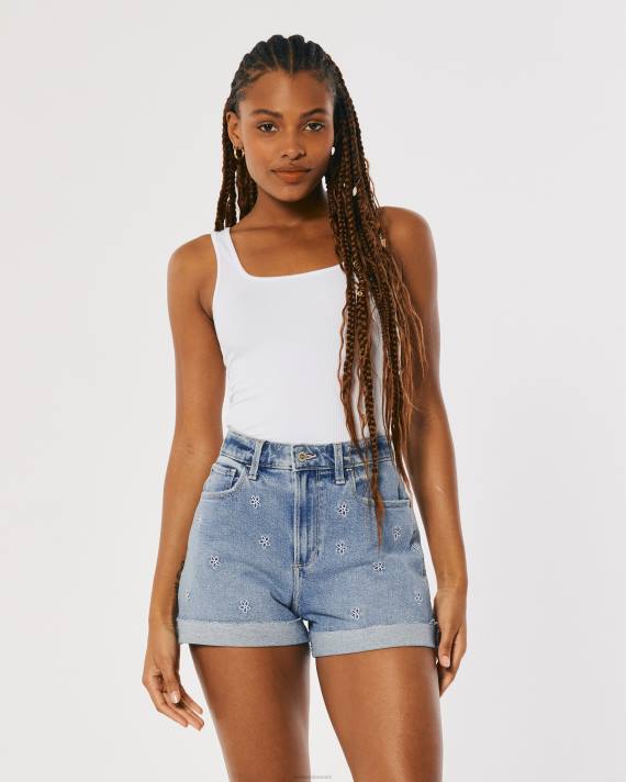 Hollister Kvinder buede, ultrahøje lette vask broderede denim mom-shorts 2H8Z558 bunde let medium vask