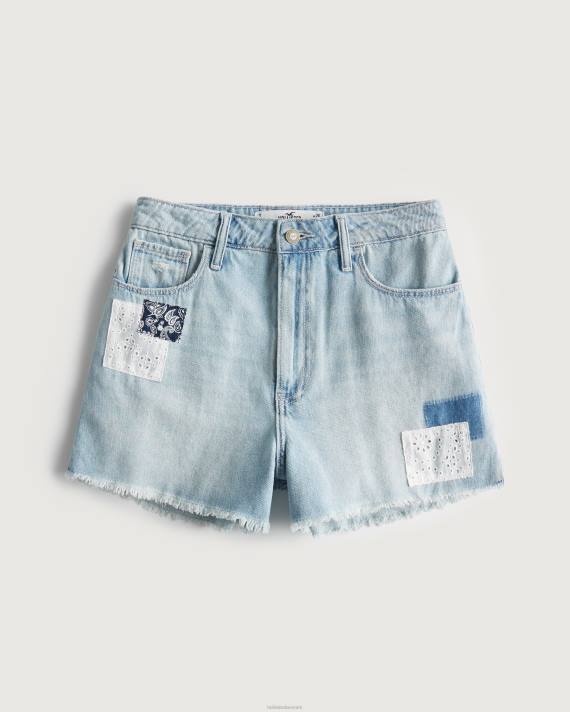 Hollister Kvinder buede, ultrahøje lette vask patchwork denim morshorts 2H8Z540 bunde let vask