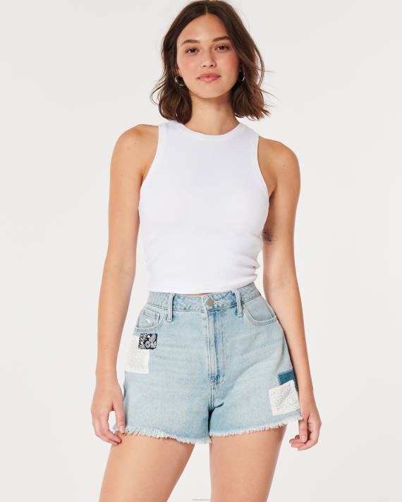 Hollister Kvinder buede, ultrahøje lette vask patchwork denim morshorts 2H8Z540 bunde let vask