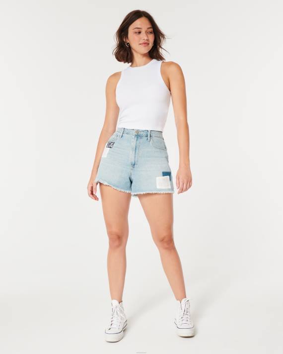 Hollister Kvinder buede, ultrahøje lette vask patchwork denim morshorts 2H8Z540 bunde let vask