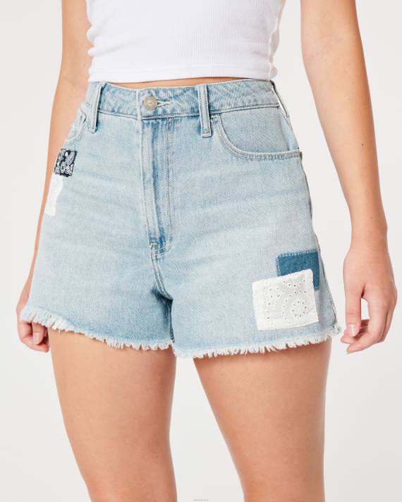Hollister Kvinder buede, ultrahøje lette vask patchwork denim morshorts 2H8Z540 bunde let vask