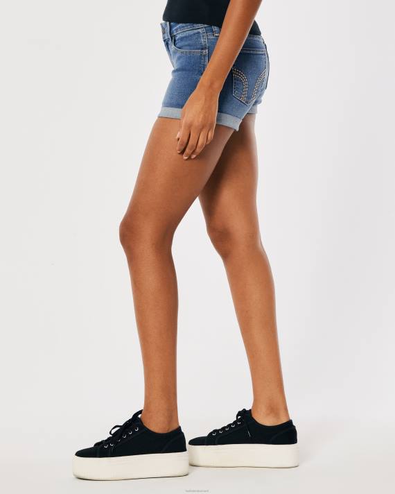Hollister Kvinder kurvede lavtaljede denimshorts med mørk vask 2H8Z518 bunde medium vask