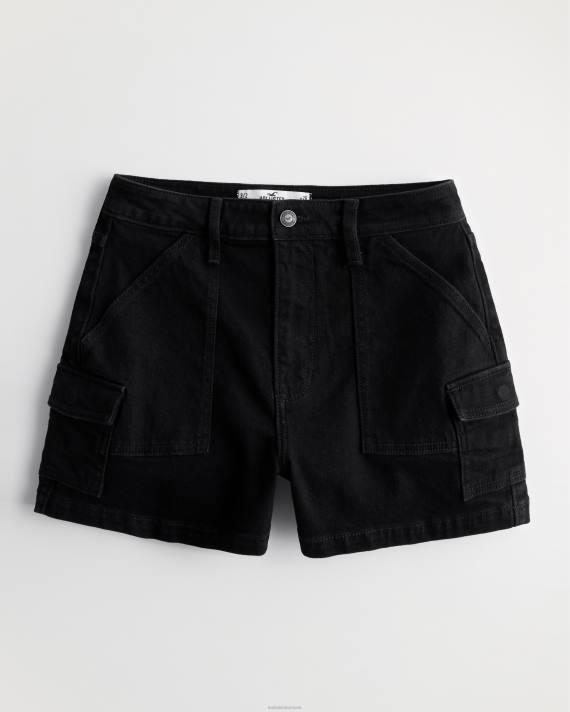 Hollister Kvinder kurvede ultra højtaljede sorte denim cargo mom shorts 2H8Z562 bunde sort