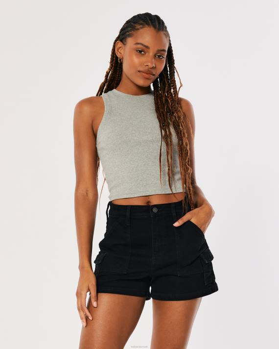 Hollister Kvinder kurvede ultra højtaljede sorte denim cargo mom shorts 2H8Z562 bunde sort