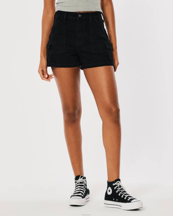Hollister Kvinder kurvede ultra højtaljede sorte denim cargo mom shorts 2H8Z562 bunde sort
