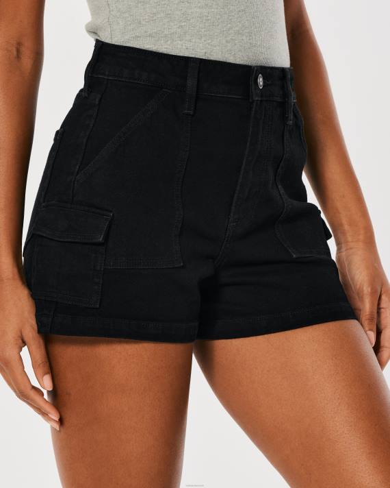 Hollister Kvinder kurvede ultra højtaljede sorte denim cargo mom shorts 2H8Z562 bunde sort