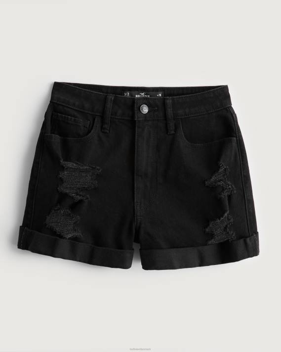 Hollister Kvinder ultra høje rippede sorte morshorts 2H8Z461 bunde revet sort