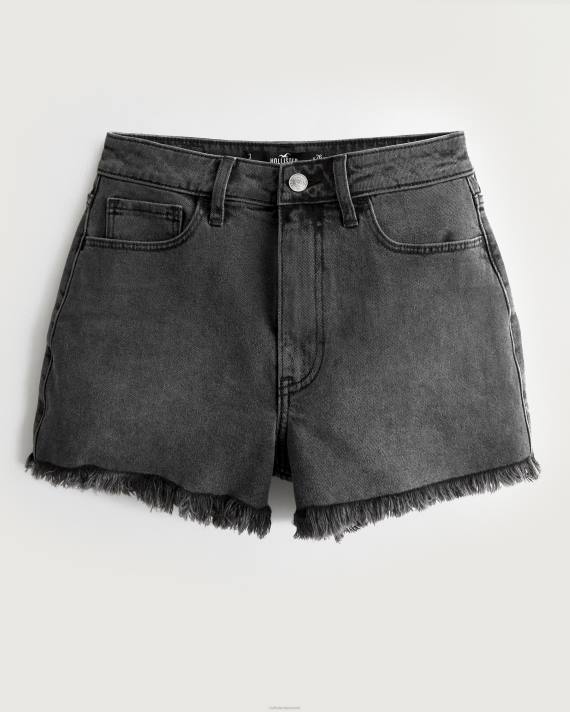 Hollister Kvinder ultra højtaljede falmede sorte denim mom-shorts 2H8Z583 bunde sort flosset kant