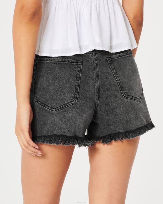 Hollister Kvinder ultra højtaljede falmede sorte denim mom-shorts 2H8Z583 bunde sort flosset kant