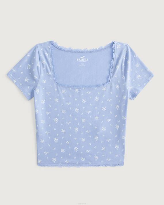 Hollister Kvinder baby-t-shirt med firkantet hals med blonder 2H8Z346 toppe lyseblå blomster