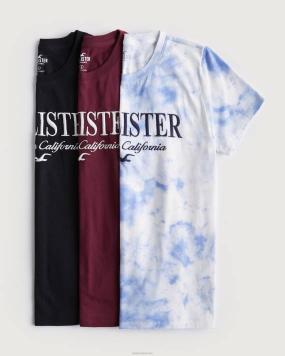 Hollister Kvinder broderet logo grafisk t-shirt 3-pak 2H8Z445 toppe marineblå-burgunder-slipsfarve