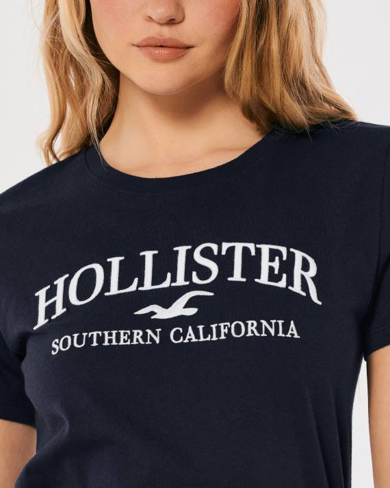 Hollister Kvinder let broderet logo grafisk t-shirt 2H8Z376 toppe Marine blå