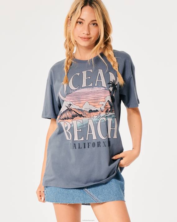 Hollister Kvinder overdimensioneret ocean beach california grafisk t-shirt 2H8Z10 toppe blå