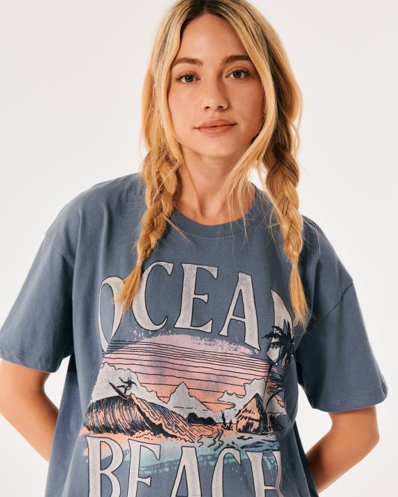 Hollister Kvinder overdimensioneret ocean beach california grafisk t-shirt 2H8Z10 toppe blå