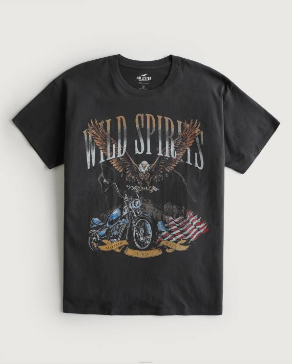 Hollister Kvinder oversize wild spirits motorcykel grafisk t-shirt 2H8Z423 toppe mørkegrå
