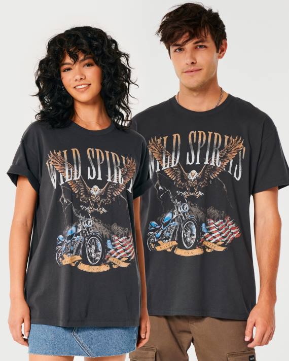 Hollister Kvinder oversize wild spirits motorcykel grafisk t-shirt 2H8Z423 toppe mørkegrå