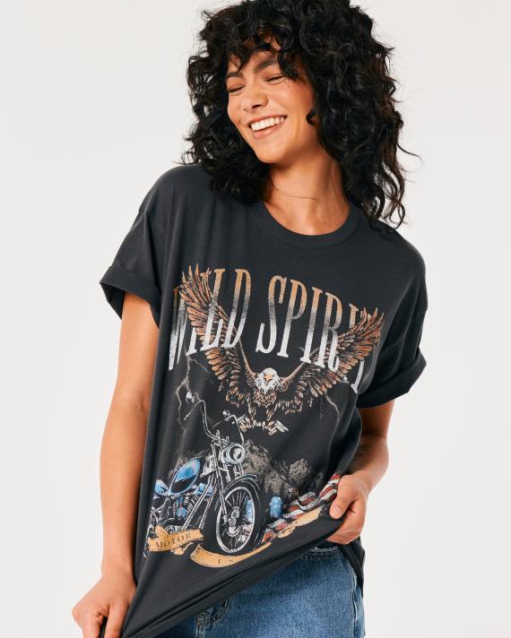 Hollister Kvinder oversize wild spirits motorcykel grafisk t-shirt 2H8Z423 toppe mørkegrå