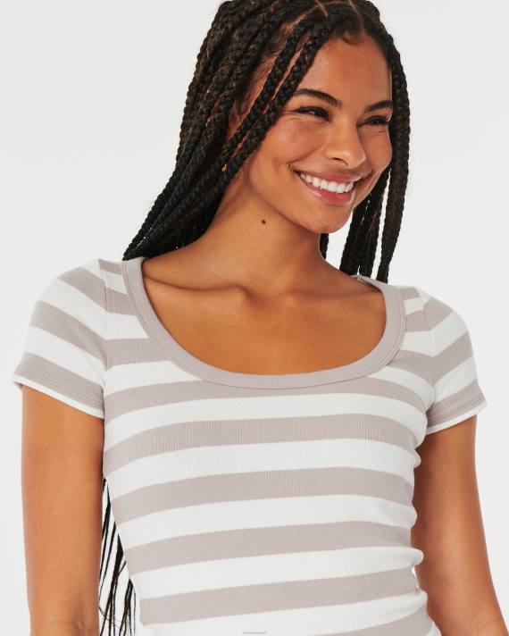 Hollister Kvinder rib scoop baby tee 2H8Z325 toppe taupe stribe