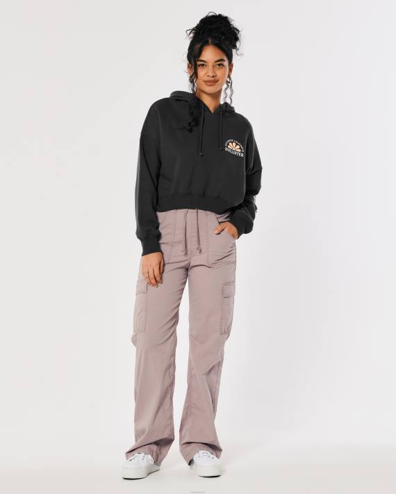 Hollister Kvinder crop print logo hættetrøje 2H8Z245 toppe mørkegrå