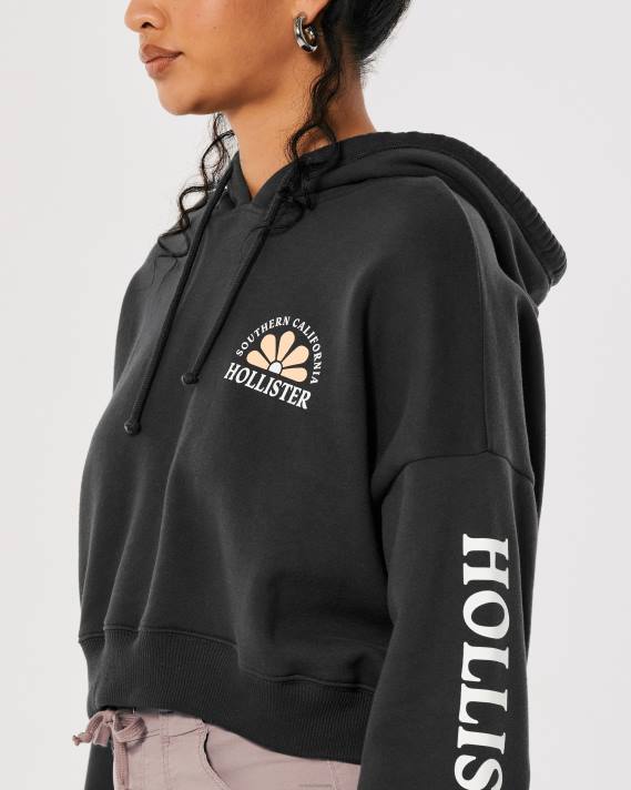 Hollister Kvinder crop print logo hættetrøje 2H8Z245 toppe mørkegrå