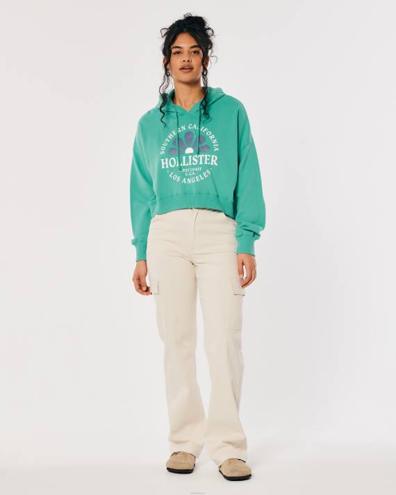 Hollister Kvinder crop print logo hættetrøje 2H8Z339 toppe grøn