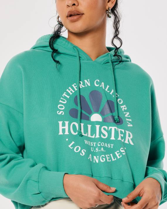 Hollister Kvinder crop print logo hættetrøje 2H8Z339 toppe grøn