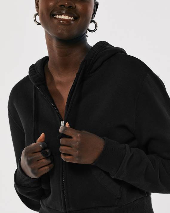 Hollister Kvinder feel good mini hættetrøje med fuld lynlås 2H8Z83 toppe sort