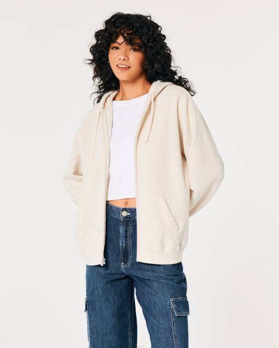 Hollister Kvinder feel good oversized hættetrøje med fuld lynlås 2H8Z121 toppe fløde