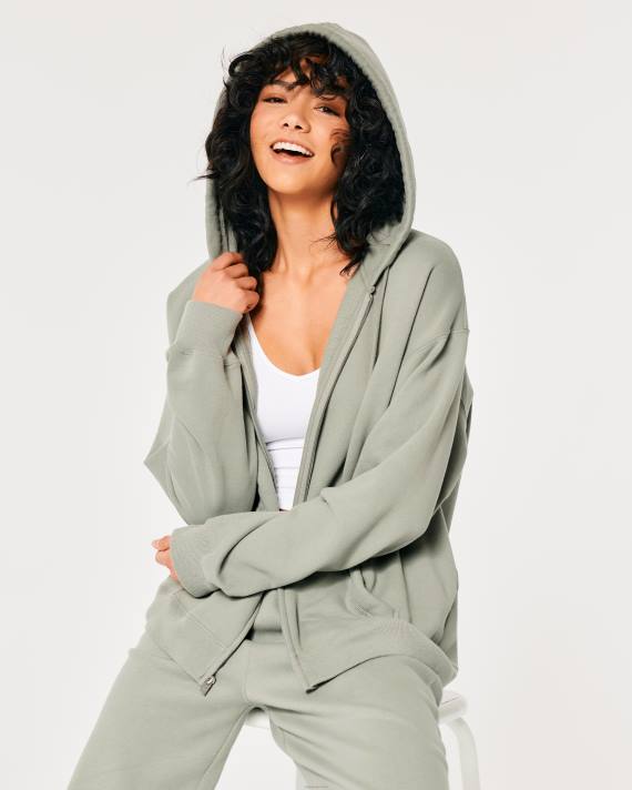 Hollister Kvinder feel good oversized hættetrøje med fuld lynlås 2H8Z122 toppe lysegrøn