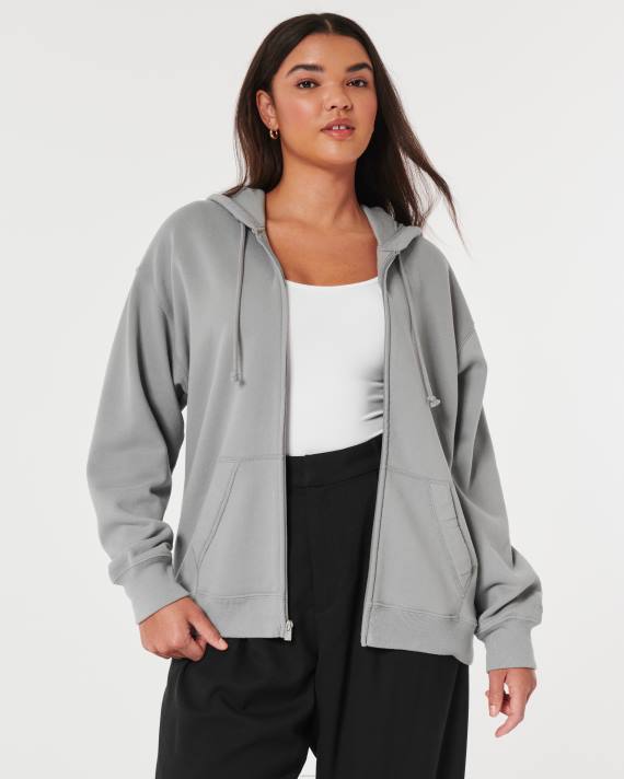 Hollister Kvinder feel good oversized hættetrøje med fuld lynlås 2H8Z166 toppe grå