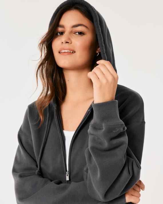 Hollister Kvinder feel good oversized hættetrøje med fuld lynlås 2H8Z26 toppe mørkegrå