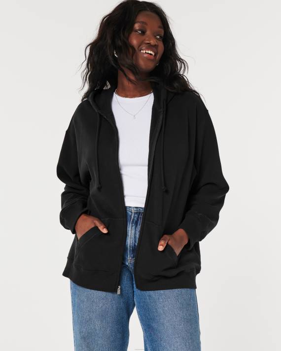 Hollister Kvinder feel good oversized hættetrøje med fuld lynlås 2H8Z4 toppe sort