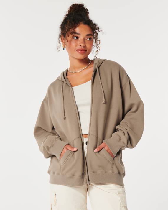 Hollister Kvinder feel good oversized hættetrøje med fuld lynlås 2H8Z65 toppe lysebrun