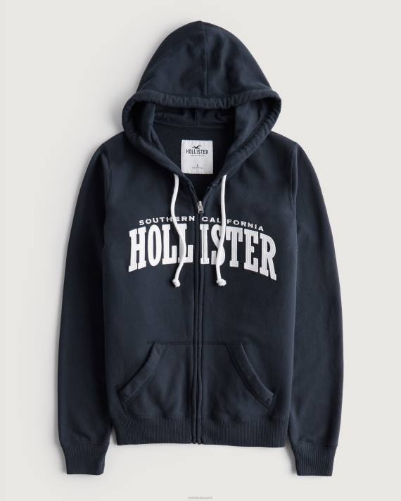 Hollister Kvinder let grafisk frotté-hættetrøje med fuld lynlås 2H8Z327 toppe Marine blå