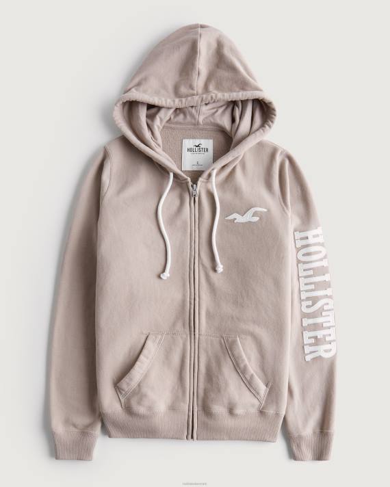 Hollister Kvinder let grafisk frotté-hættetrøje med fuld lynlås 2H8Z389 toppe taupe
