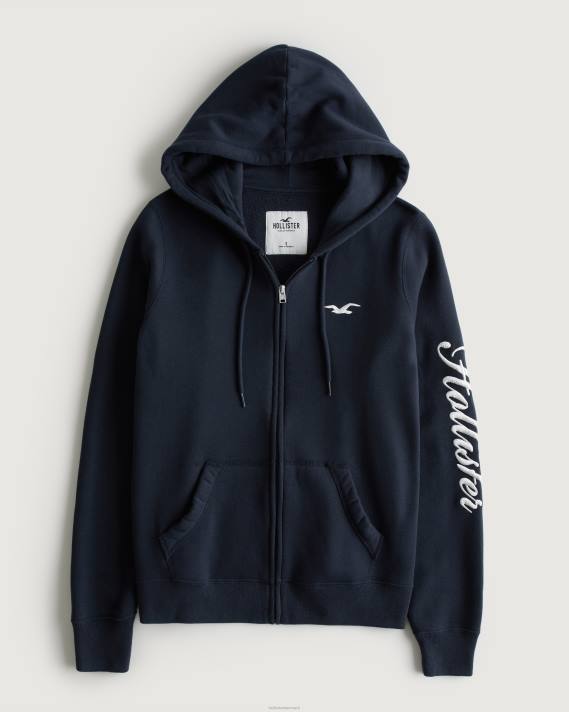 Hollister Kvinder let logografisk hættetrøje med fuld lynlås 2H8Z119 toppe Marine blå