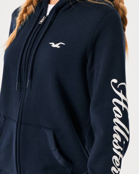 Hollister Kvinder let logografisk hættetrøje med fuld lynlås 2H8Z119 toppe Marine blå