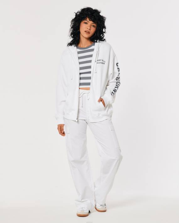 Hollister Kvinder oversize beverly hills grafisk hættetrøje med fuld lynlås 2H8Z267 toppe hvid