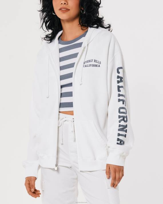 Hollister Kvinder oversize beverly hills grafisk hættetrøje med fuld lynlås 2H8Z267 toppe hvid