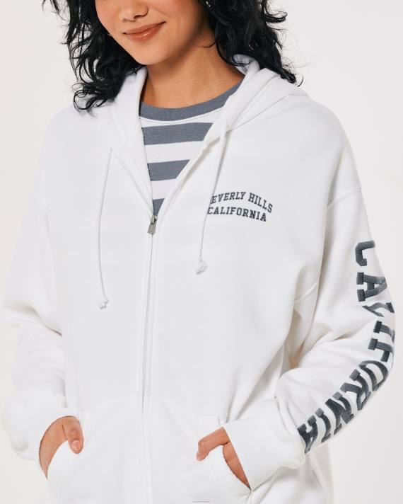 Hollister Kvinder oversize beverly hills grafisk hættetrøje med fuld lynlås 2H8Z267 toppe hvid