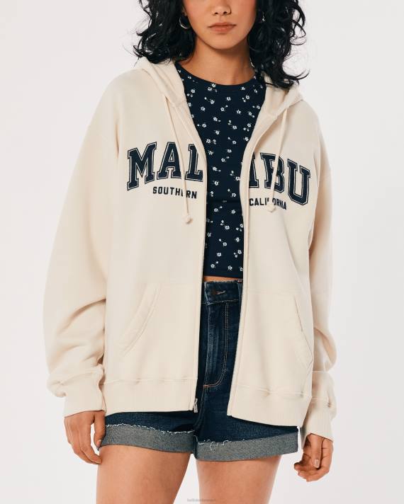 Hollister Kvinder oversized malibu california grafisk hættetrøje med fuld lynlås 2H8Z154 toppe fløde