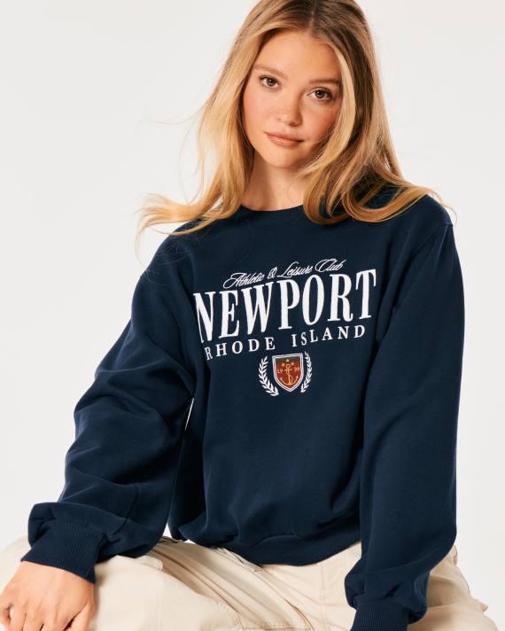 Hollister Kvinder oversized newport rhode island graphic crew sweatshirt 2H8Z6 toppe Marine blå