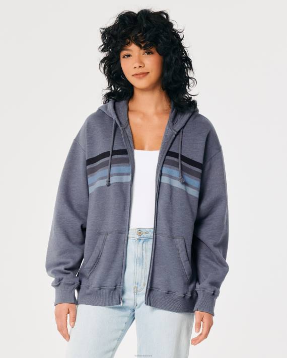 Hollister Kvinder oversized stribet hættetrøje med fuld lynlås 2H8Z257 toppe lyng flåde