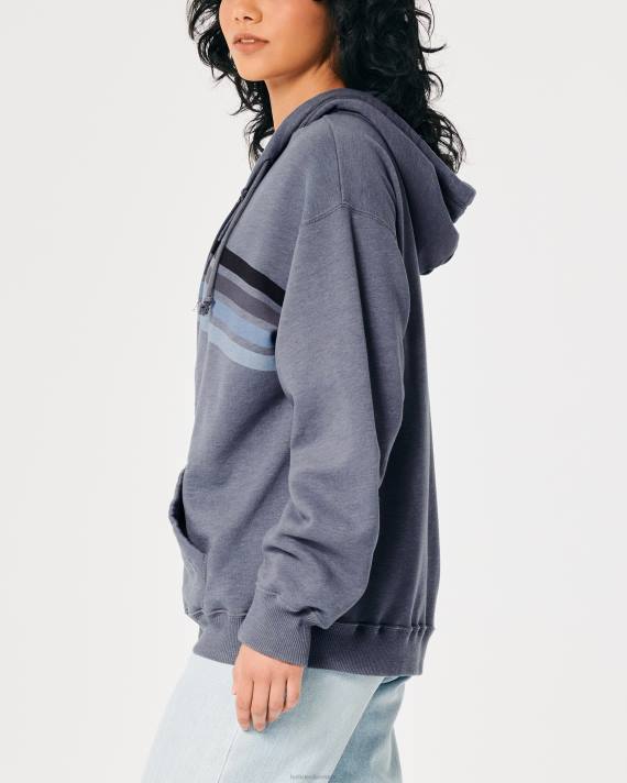 Hollister Kvinder oversized stribet hættetrøje med fuld lynlås 2H8Z257 toppe lyng flåde