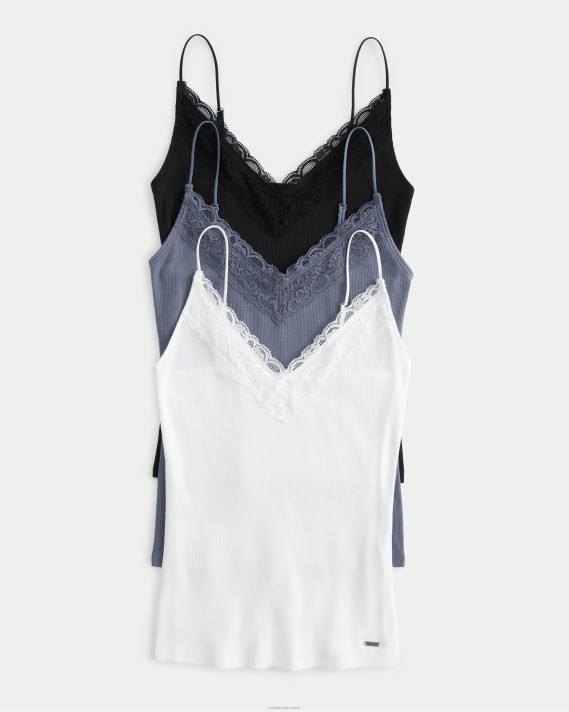 Hollister Kvinder blondekantet v-hals cami 3-pak 2H8Z66 toppe sort-mørkeblå-hvid