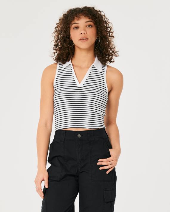 Hollister Kvinder ærmeløs ribpolo 2H8Z400 toppe hvid stribe