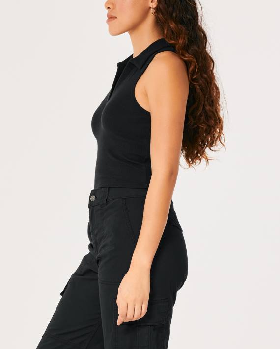 Hollister Kvinder ærmeløs ribpolo 2H8Z422 toppe sort