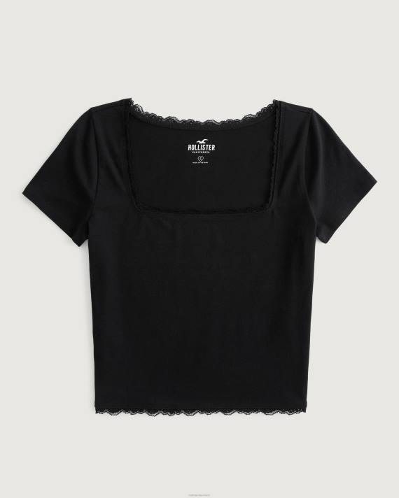 Hollister Kvinder baby-t-shirt med firkantet hals med blonder 2H8Z124 toppe sort